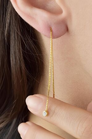 Gümüş Küp Zincir Atkı Model Zirkon Tek Taşlı Gold Renkli Küpe