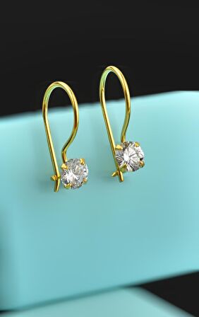 Gümüş 5  mm Zirkon Taşlı Gold Renkli Sallantılı Tek Taş Küpe