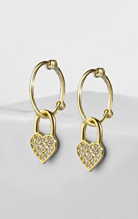 Gümüş 1.6 cm  Zirkon Taşlı Sallantılı Kalp Model Gold Renkli Zarif Küpe