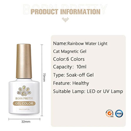 BORN PRETTY 10ml Rainbow Water Light Kedi Gözü Kalıcı Oje RW02 (59708)