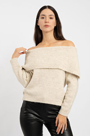 RTD&VLD Kadın Vita-197 Deyzi Şal Yaka Triko Kazak Ekru