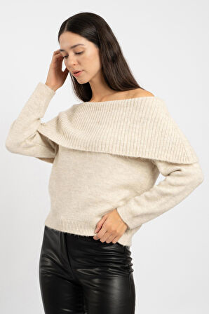 RTD&VLD Kadın Vita-197 Deyzi Şal Yaka Triko Kazak Ekru