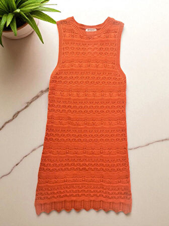 RTD&VLD Kadın Vita-194  Bisiklet Yaka Ajurlu Triko Elbise Turuncu