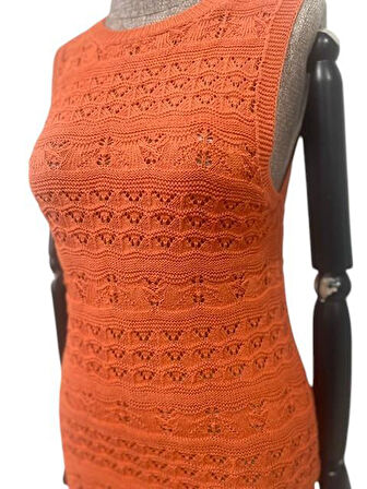 RTD&VLD Kadın Vita-194  Bisiklet Yaka Ajurlu Triko Elbise Turuncu