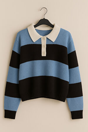 RTD&VLD Kadın Polo Yaka Düğmeli Bloklu Triko Kazak Mavi