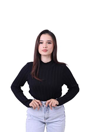 RTD&VLD Kadın Yarım Balıkçı Yaka Fitilli Triko Kazak Siyah