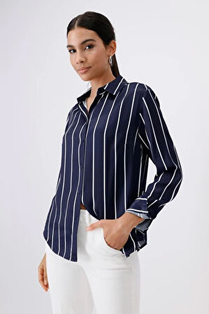 Lacivert Çizgili Viskon Gömlek