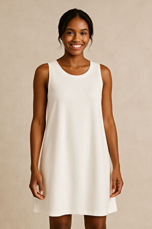 C.S Mavi Bisiklet Yaka Beyaz Elbise