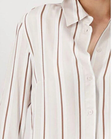 Bej Kahve Çizgili Viskon Gömlek