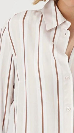 Bej Kahve Çizgili Viskon Gömlek