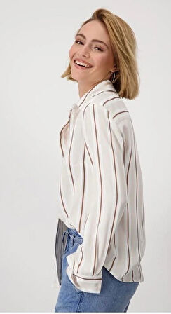 Bej Kahve Çizgili Viskon Gömlek