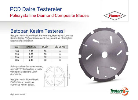 FLAMEX 184x1.8x30mm 6 diş PCD Dairesel Fibercement Kesim Testeresi (Betopan, Hekimboard, Ekobord)
