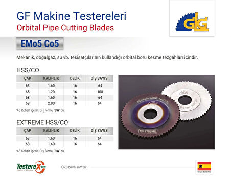 GLG 68x1.6x16mm 64BW diş Extreme HSS/Cobalt - Orbital Boru Kesme Testere Bıçağı (GF Makine Tezgahı)