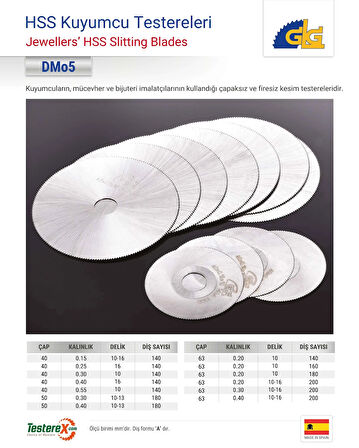 GLG 63x0.4x10mm 200A diş HSS Kuyumcu Daire Testeresi  (Çapaksız ve Firesiz Mücevher Kesimi)