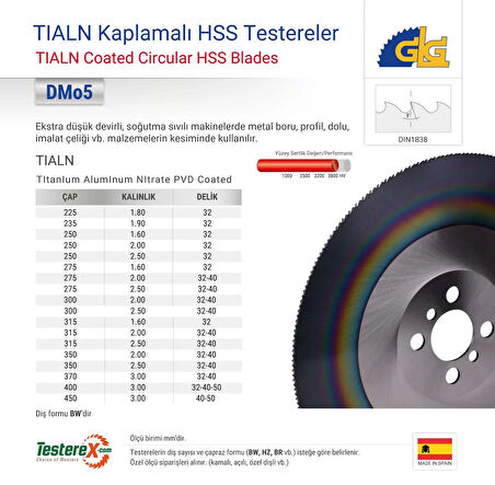 KRABBE 250x2x32mm BW diş TIN Kaplamalı - HSS Daire Testere Bıçağı (Demir Alaşımlı Metal Kesimi)