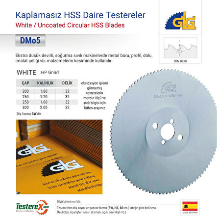 GLG 200x1.8x32mm BW diş Kaplamasız - HSS Daire Testere Bıçağı (Bakır, Prinç, Alüminyum Kesimi)