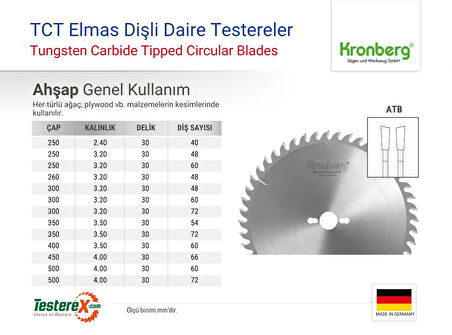 KRONBERG 300x3.2x30mm 60ATB diş Ahşap Kesici - TCT Elmas Daire Testere (Kontrplak, Kereste vb.)