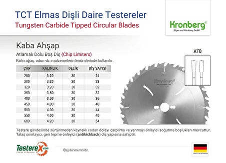 KRONBERG 300x3.2x30mm 28ATB diş Kalın Ağaç Kesici - TCT Elmas Daire Testere (Atlamalı Dolu Boş)