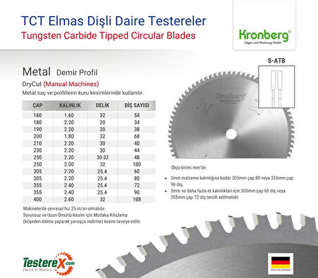 KRONBERG 180x2.2x20mm 34S-ATB diş Demir Profiller İçin - TCT Elmas Daire Testere (Kuru Kesim)