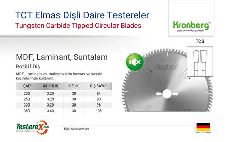 KRONBERG 250x3.2x30mm 80TCG diş MDF, Laminant, Suntalam - TCT Elmas Daire Testere (Pozitif Diş)