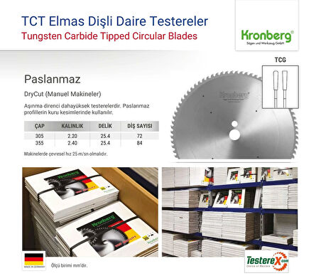 KRONBERG 355x2.4x25.4mm 84TCG diş Paslanmaz Profiller İçin - TCT Elmas Daire Testere (Kuru Kesim)