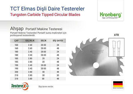 KRONBERG 180x2.4x20mm 48ATB diş Ahşap Kesici (TCT Elmas) - Dairesel Portatif Makine Testeresi