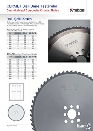 KRABBE 460x2.7x50mm 60 diş CERMET Daire Testere Bıçağı - Sert Çeliklerin Sulu Kesimi için