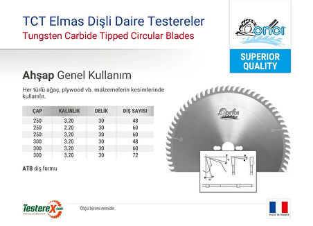 ONCI 250x3.2x30mm 48ATB diş Ahşap Kesici - TCT Elmas Daire Testere (Kontrplak, kereste ve ağaç türü)