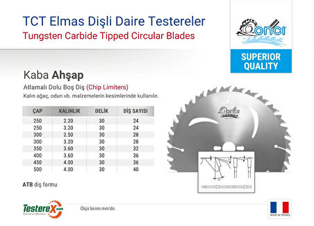 ONCI 250x3.2x30mm 24ATB diş Kalın Ağaç Kesici - TCT Elmas Daire Testere Bıçağı (Atlamalı Dolu Boş)