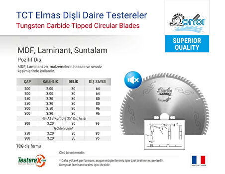 ONCI 200x3x30mm 64TCG diş MDF, Laminant, Suntalam - TCT Elmas Daire Testere Bıçağı (Pozitif Diş)