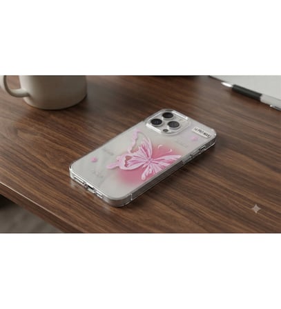 iPhone 14 Pro Max Uyumlu Pembe Kelebek Figürlü Şeffaf Silikon Koruma Kılıfı