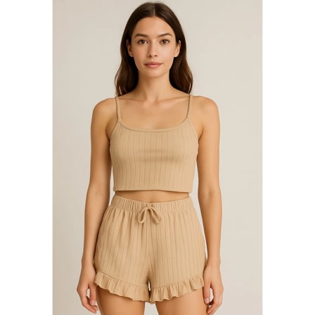 Crop Takım - Askılı Crop Takım Likralı Bej (xl)