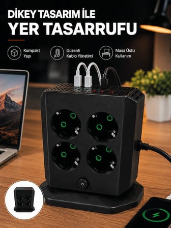 Dikey Priz Kulesi 8 AC Priz 4 USB 2 Type-C Çocuk Korumalı Güç Dağıtıcı