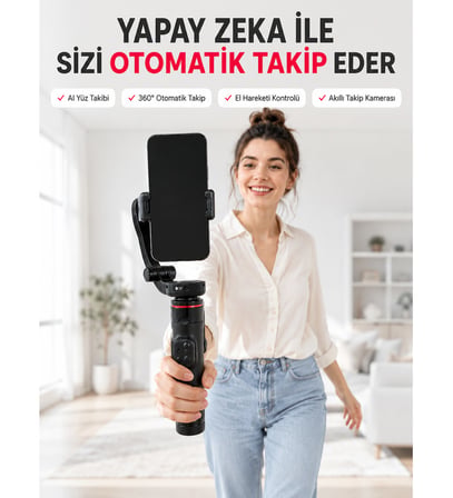 AI Yüz Takip Özellikli Gimbal Selfie Stick 360° Dönebilen Telefon Tutucu Uzayabilir Bluetooth Kumandalı