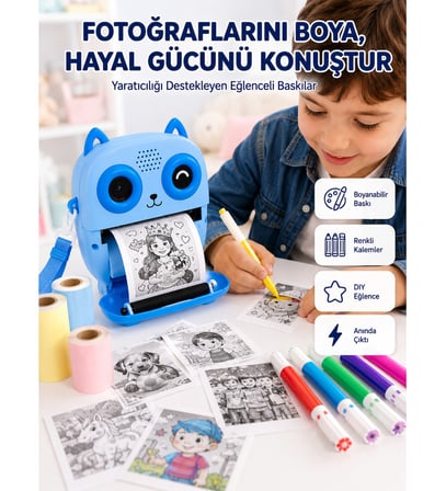 Anında Fotoğraf Basan Çocuk Kamerası Eğitici ve Eğlenceli Termal Yazıcılı
