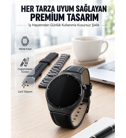 3 Kordonlu AMOLED Ekran Bluetooth Aramalı Akıllı Saat Metal, Deri ve Silikon Kordon Seti