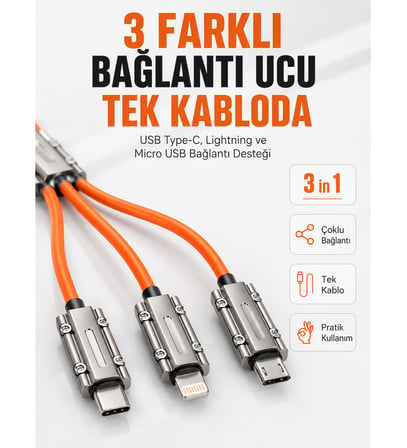 Çinko Alaşımlı Metal Konnektörlü Dayanıklı 6A Hızlı Şarj Kablosu
