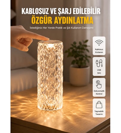 Yeni Nesil Modern Kristal Masa ve Gece Lambası Dokunmatik Renk Değiştirebilen