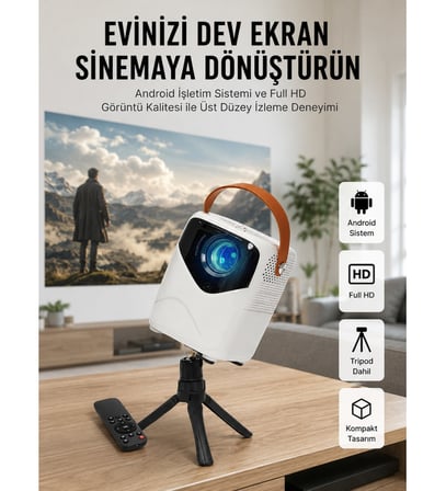 HD Ayaklı Portatif Projeksiyon Cihazı Bluetooth Wifi Akıllı Android İşlemcili