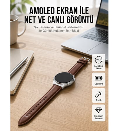 Torch Özellikli AMOLED Ekranlı Akıllı Saat Uzun Pil Yeni Nesil