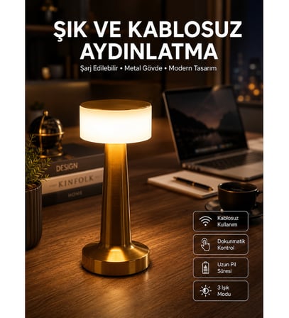 altın rengi masa ve gece lambası dokunmatik şarjlı masa lambası
