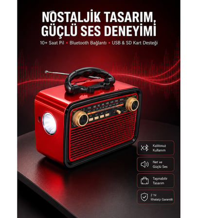 Nostaljik Görünümlü Ahşap Radyo TF SD USB Girişli Led Fener Işıklı