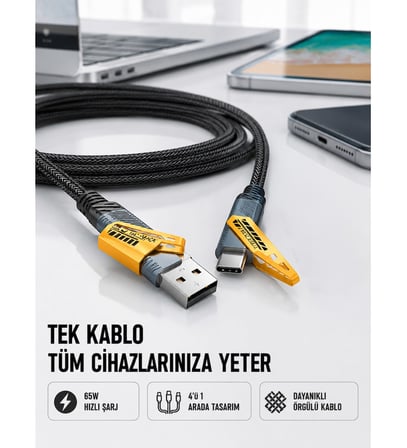 Örgülü Tasarım 4’ü 1 Arada USB-C Lightning Hızlı Şarj Kablosu