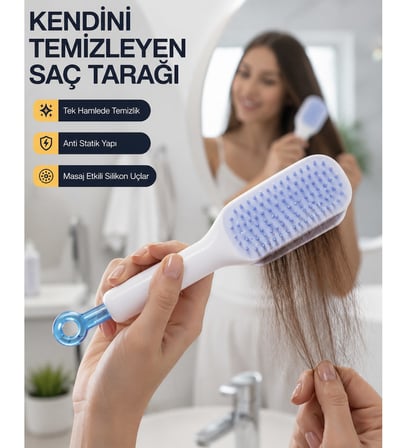 Kendini Temizleyen Ergonomik Saç Tarağı – ABS Gövde, Silikon Diş