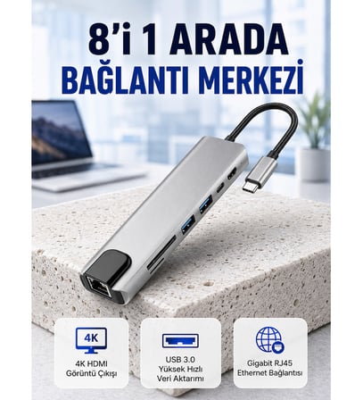 Seyahat Dostu 8‑in‑1 Hub – Şarj & Veri & Video & Ağ için Eksiksiz Çözüm (Kopya)