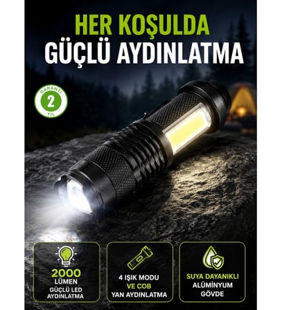 4 Modlu USB Şarjlı LED El Feneri Kamp ve Outdoor