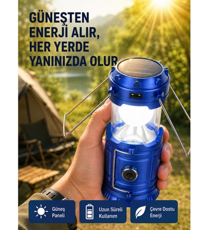 Şarj Edilebilir Güneş Enerjili Kızaklı Kamp Feneri – USB Çıkışlı, Katlanabilir, Dayanıklı ve Çok Fonksiyonlu
