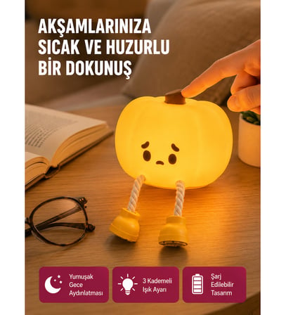 Pumpkin LED Gece Lambası Üç Kademeli Işık Ayarlı Yeni Nesil