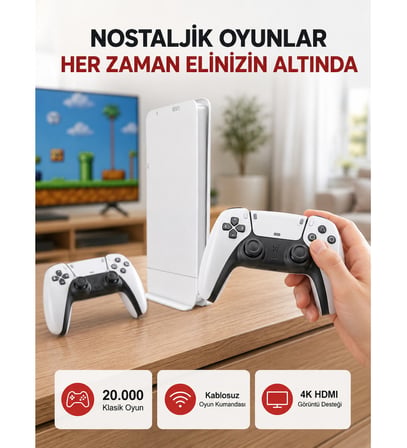 2 Kollu Kablosuz 4K TV Uyumlu Klasik Oyun Konsolu