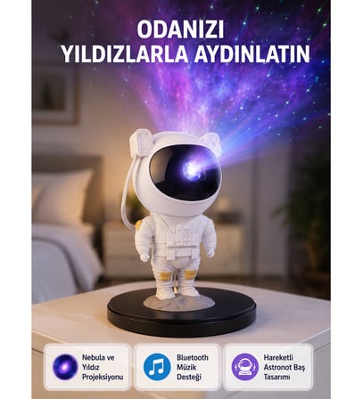 Astronot Projeksiyon Lambası Bluetooth Müzikli ve Uzaktan Kumandalı